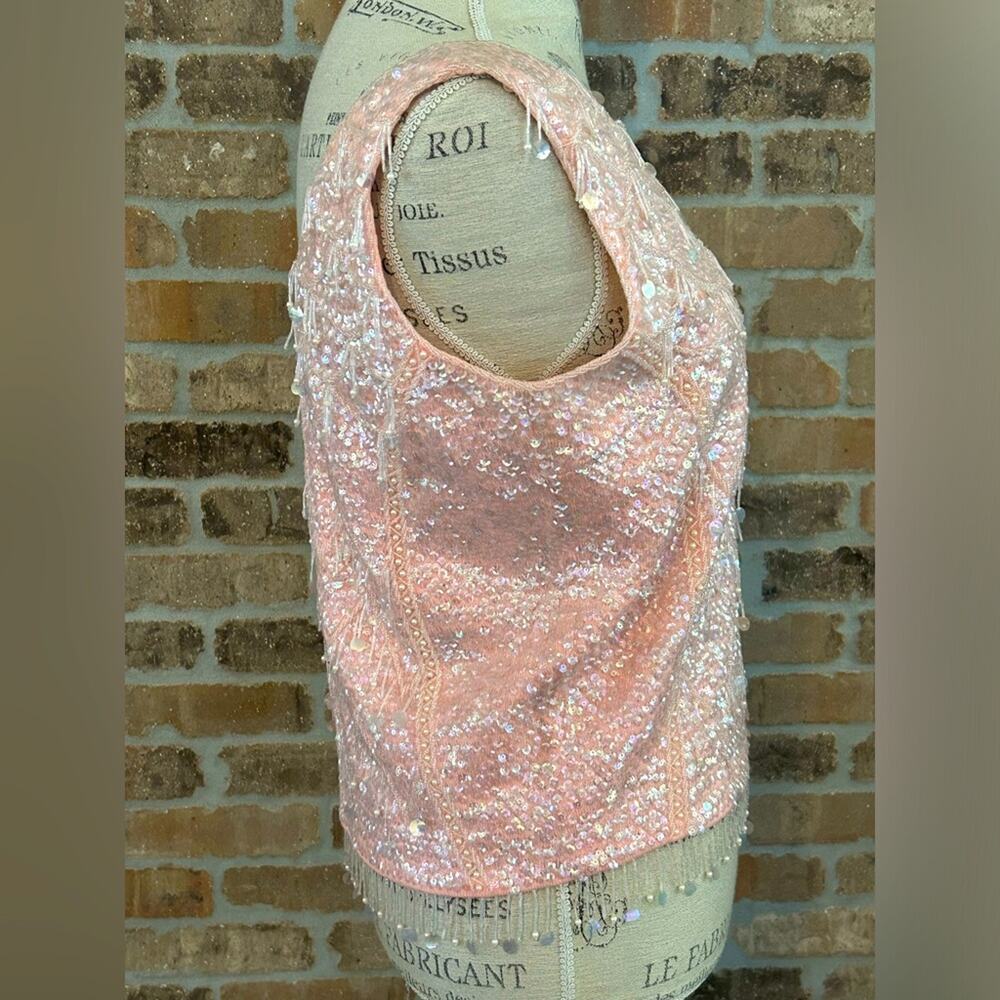 Vintage 1950s beaded teardrop light pink sleeveless wool top from Hartley’s sz M - Picture 8 of 11